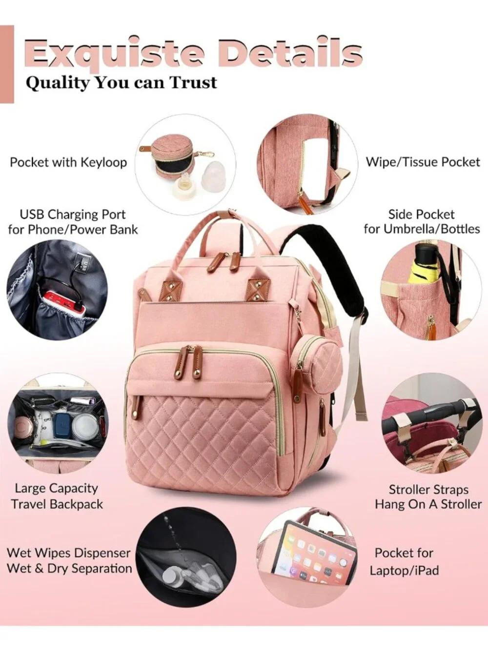 Stylish Waterproof 3-in-1 Diaper Bag Backpack with Changing Pad, Large Travel